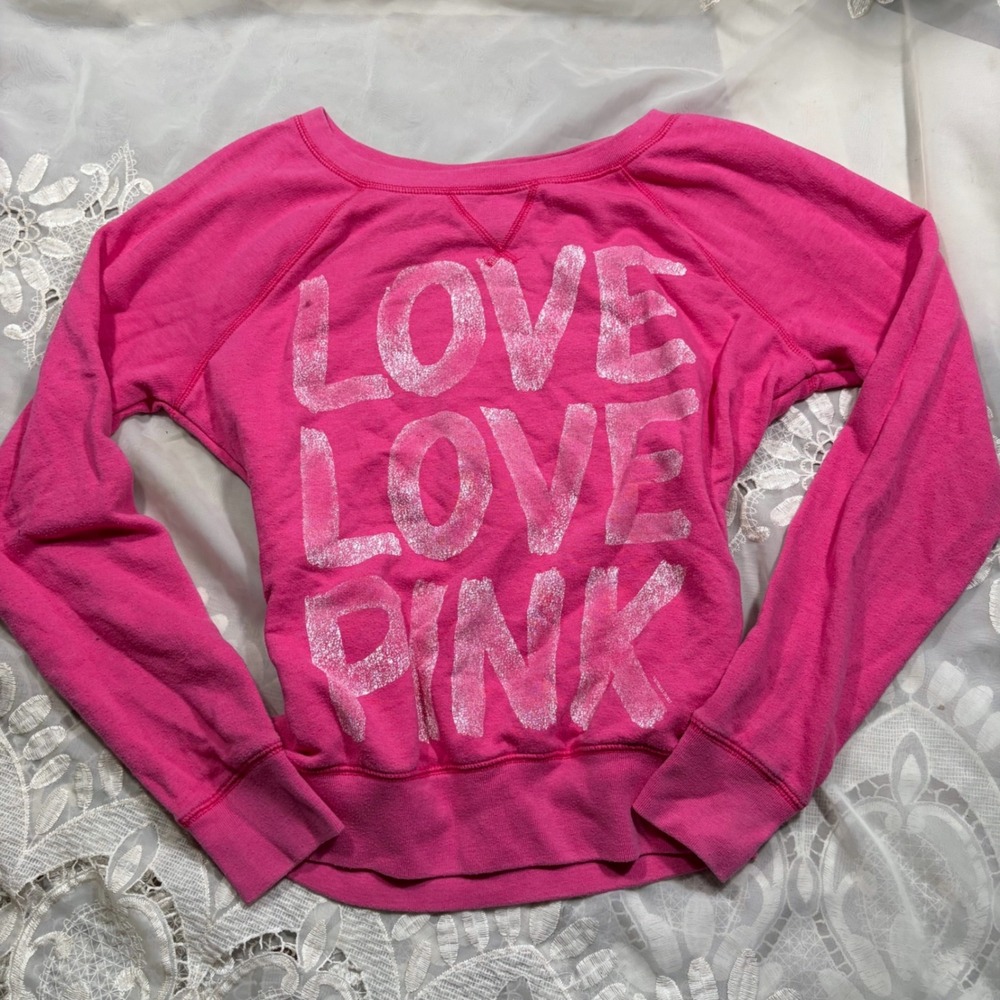 Y2K Victorias Secret PINK Hot Pink Love Graphic Leopard Heart Sweatshirt Medium
